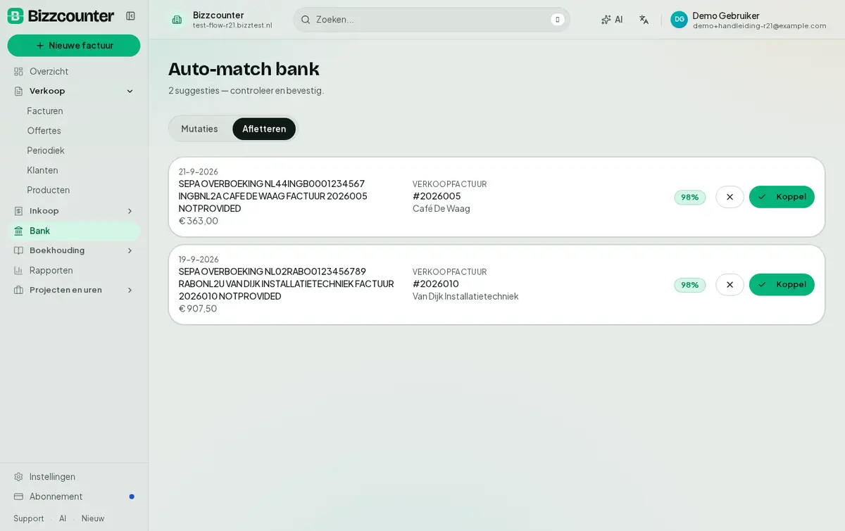 Afletteren: voorgestelde koppelingen tussen banktransacties en facturen