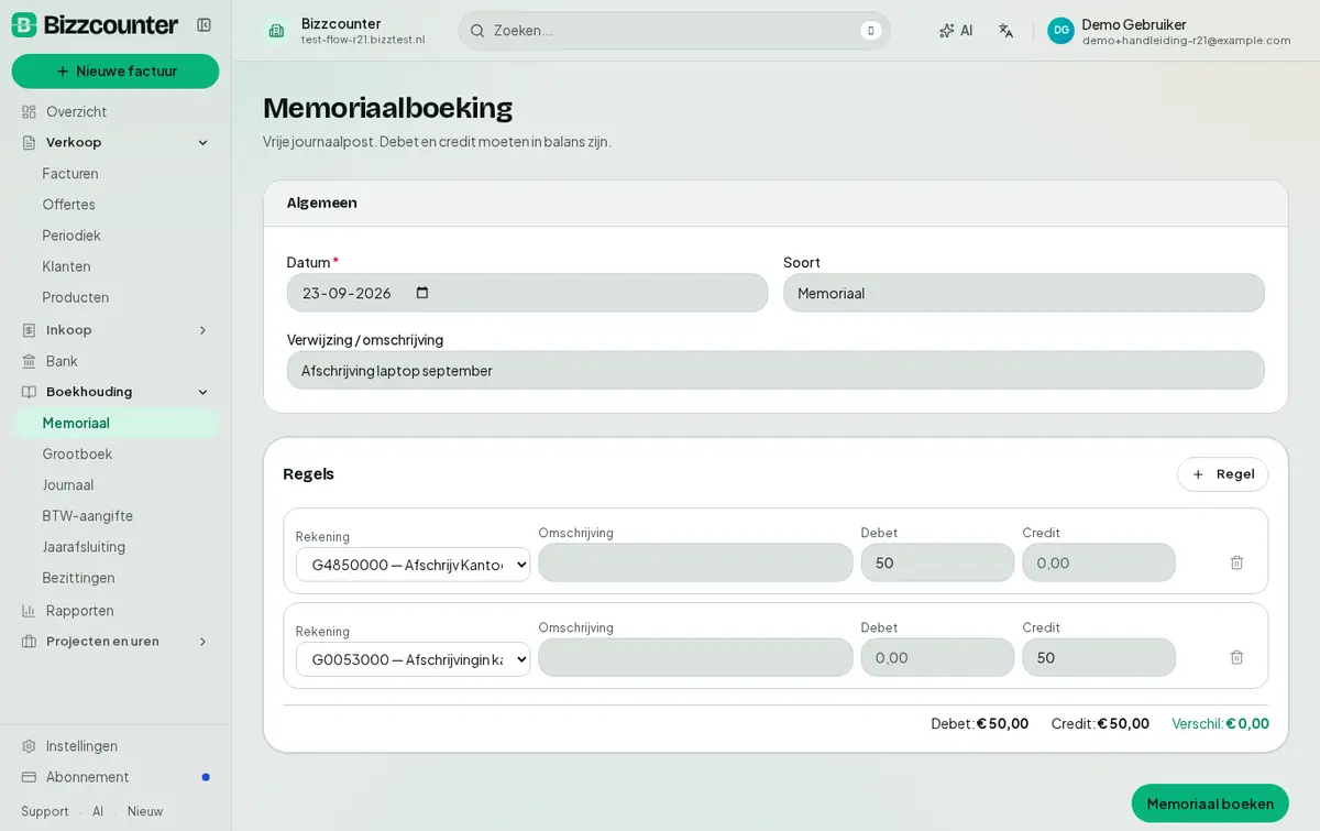 Een memoriaalboeking, debet en credit in balans