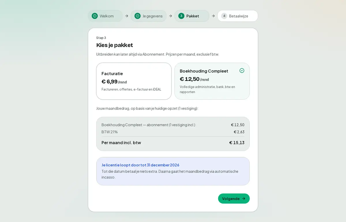 Stap 3 van de eerste login na de overstap: pakket kiezen; je licentie loopt door tot de einddatum