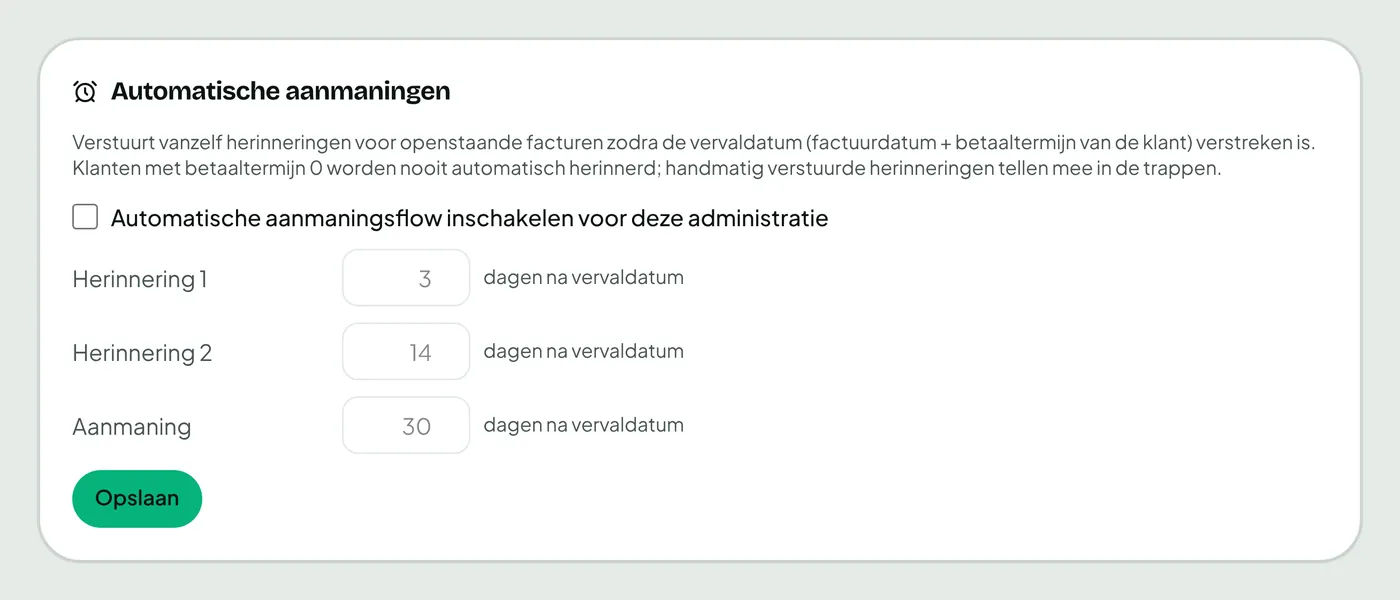 Instellingen van de herinneringsreeks met 3, 14 en 30 dagen na de vervaldatum.