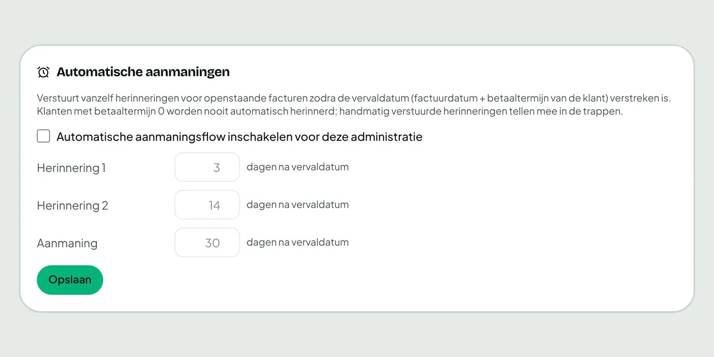 Instellingen van de automatische aanmaningen: aanzetten per administratie en per stap het aantal dagen na de vervaldatum kiezen.