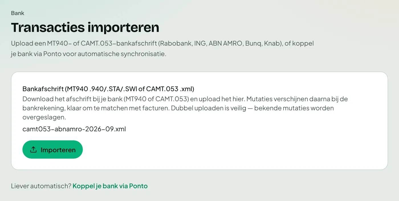 Een CAMT.053-bankafschrift importeren in Bizzcounter.