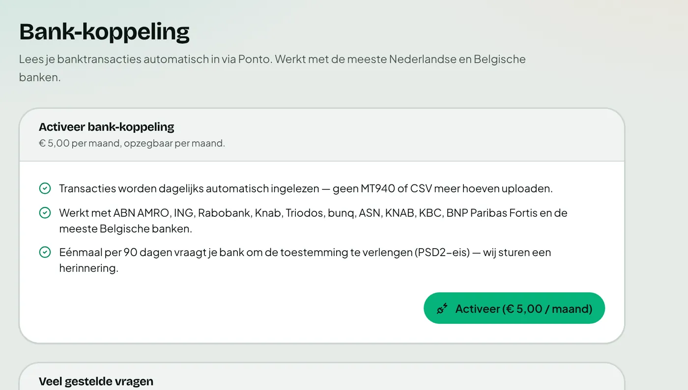 Instellingenpagina van de automatische bankkoppeling via Ponto.