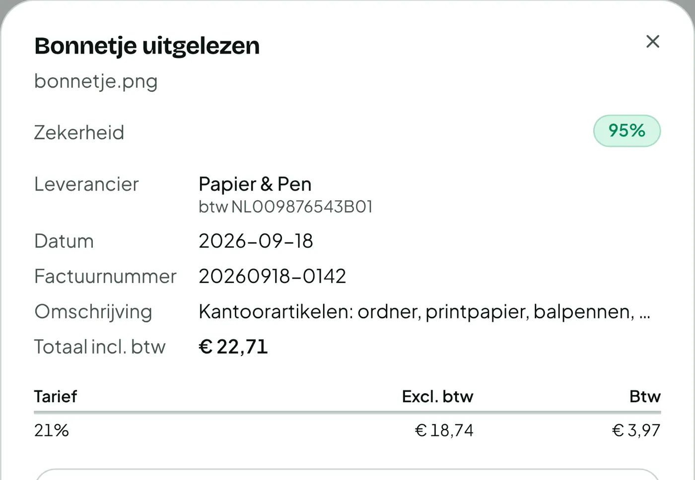 Uitgelezen velden van een bonnetje: leverancier, factuurnummer, datum, totaal en btw per tarief.