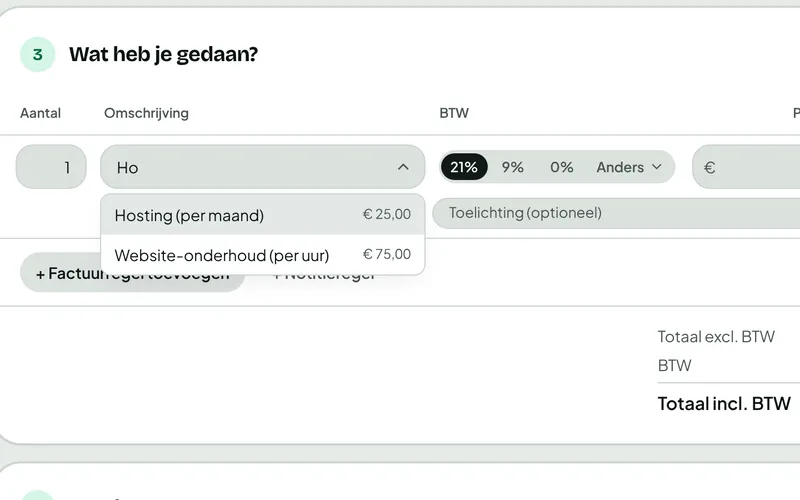 Een factuurregel invullen met suggesties uit je productenlijst.