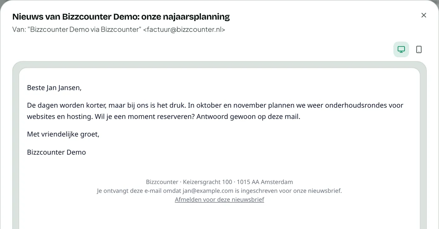 Voettekst van een nieuwsbrief met bedrijfsgegevens en een afmeldlink.