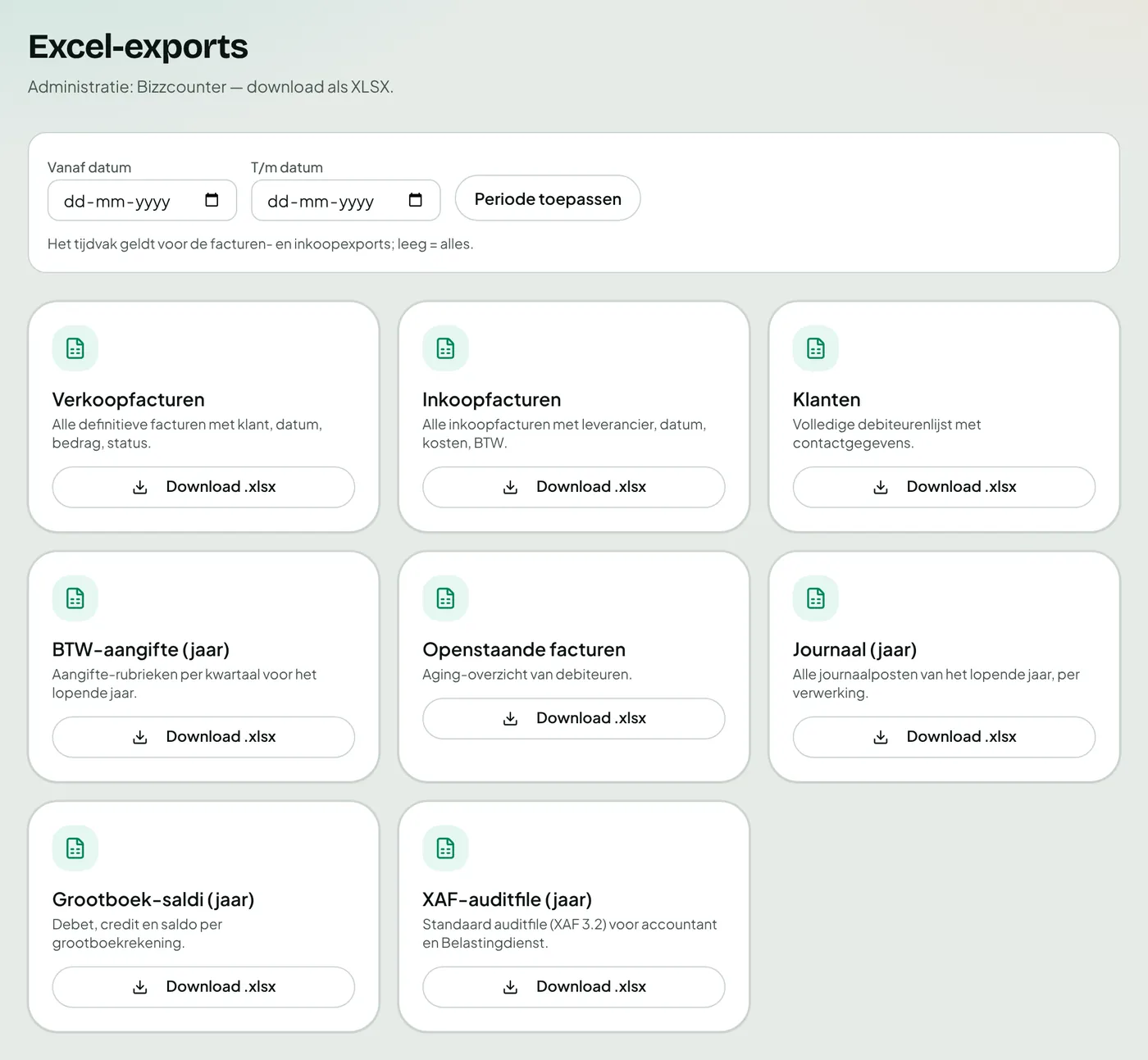 Exports voor je accountant, waaronder Excel-bestanden en de XAF-auditfile.