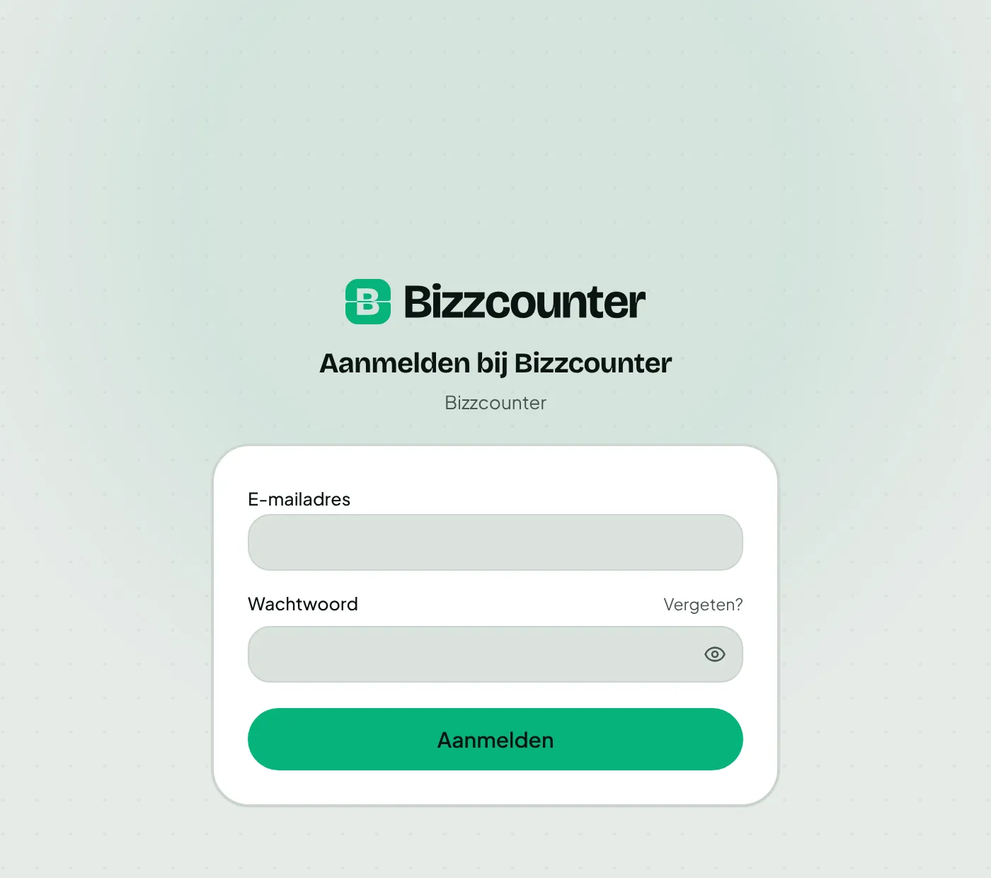 Inlogscherm van de nieuwe Bizzcounter.