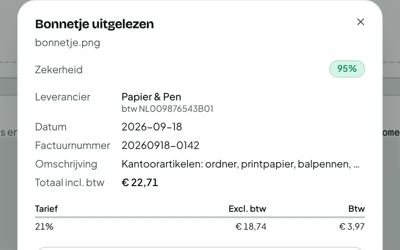 Een uitgelezen bonnetje met leverancier, datum en btw.