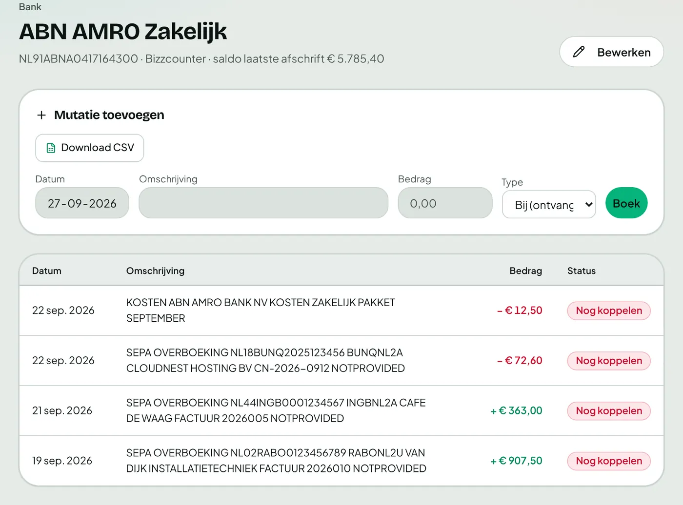 Bankmutaties van een zakelijke rekening, klaar om aan facturen te koppelen.