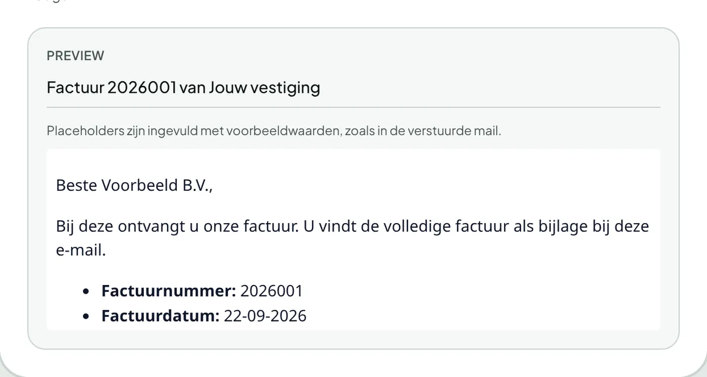 Voorbeeld van de factuurmail met factuurnummer en factuurdatum; de factuur zit als bijlage bij de mail.
